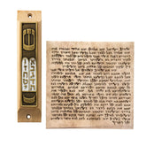 Angled olive wood mezuzah with decorative enamel and prayer scroll inside